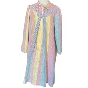 Vintage 80s Saybury Rainbow Stripe House Dress Zip Front Seersucker M